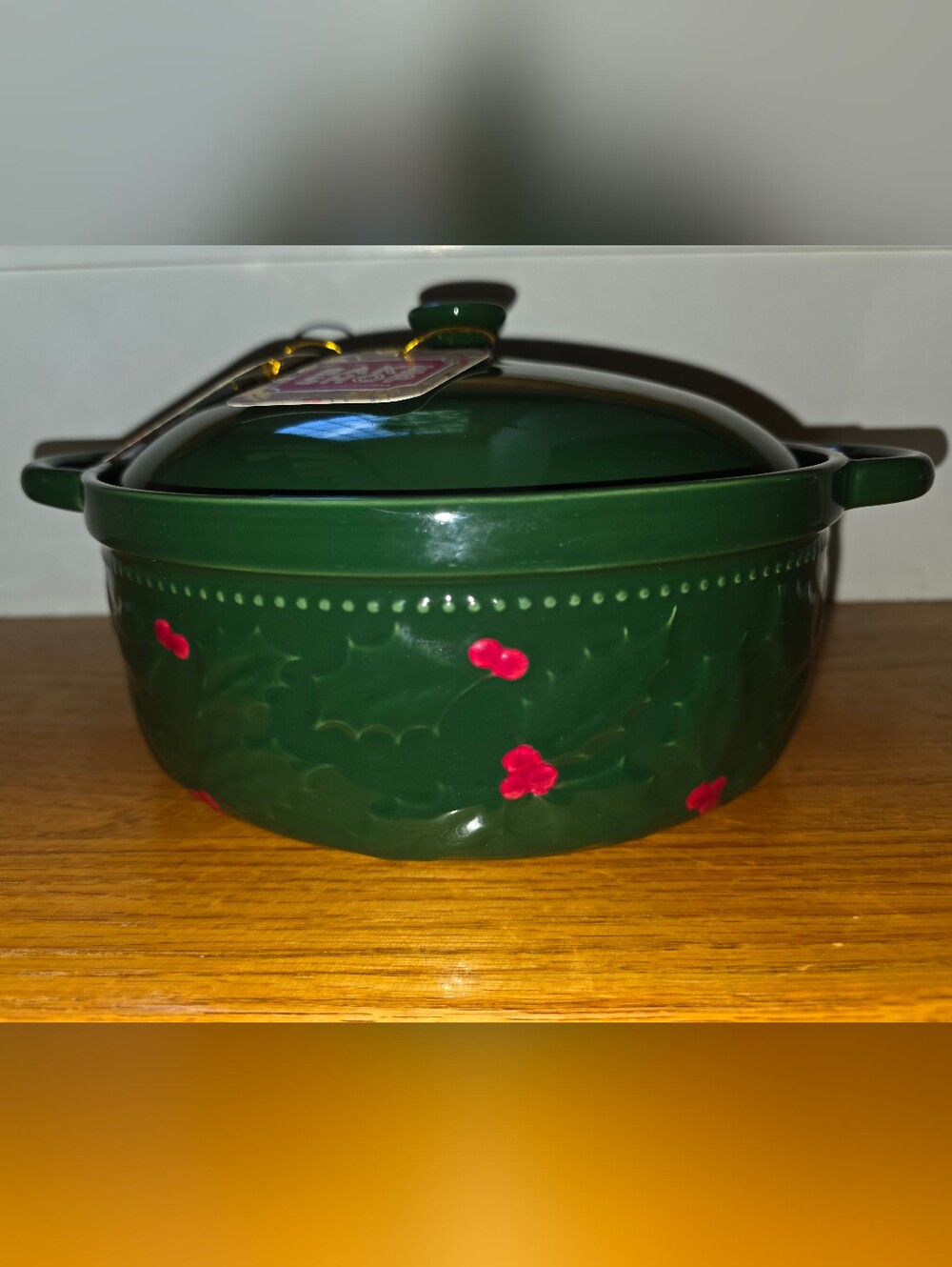 Green Holiday Ceramic Covered Casserole with Holly Accent